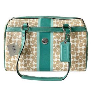 Coach Green & White Chelsea Heritage Stripe Leather Satchel Purse Bag F1513